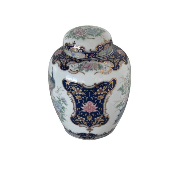 vintage Porcelain Ginger Jar Peacock & Floral Design Lid Blue/Gold Accents Asian - Picture 5 of 9